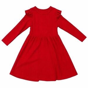 Girls Valentines Day | Red Ribbed Long Sleeve Dress Ruffle Shoulder Size 7